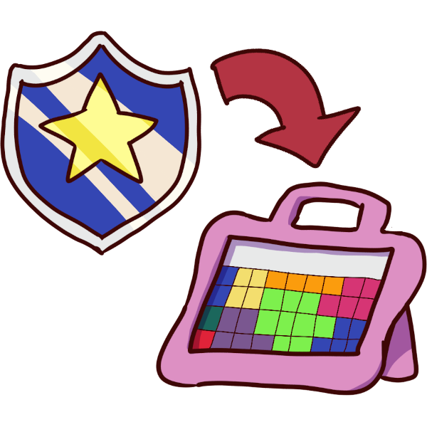 a red arrow points from a blue shield with a yellow star to a pink AAC tablet